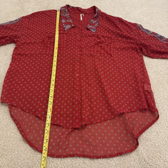 Free People Womens Easy Rider Red Combo Button Down Blouse Sz L Sheer Floral - Picture 8 of 10